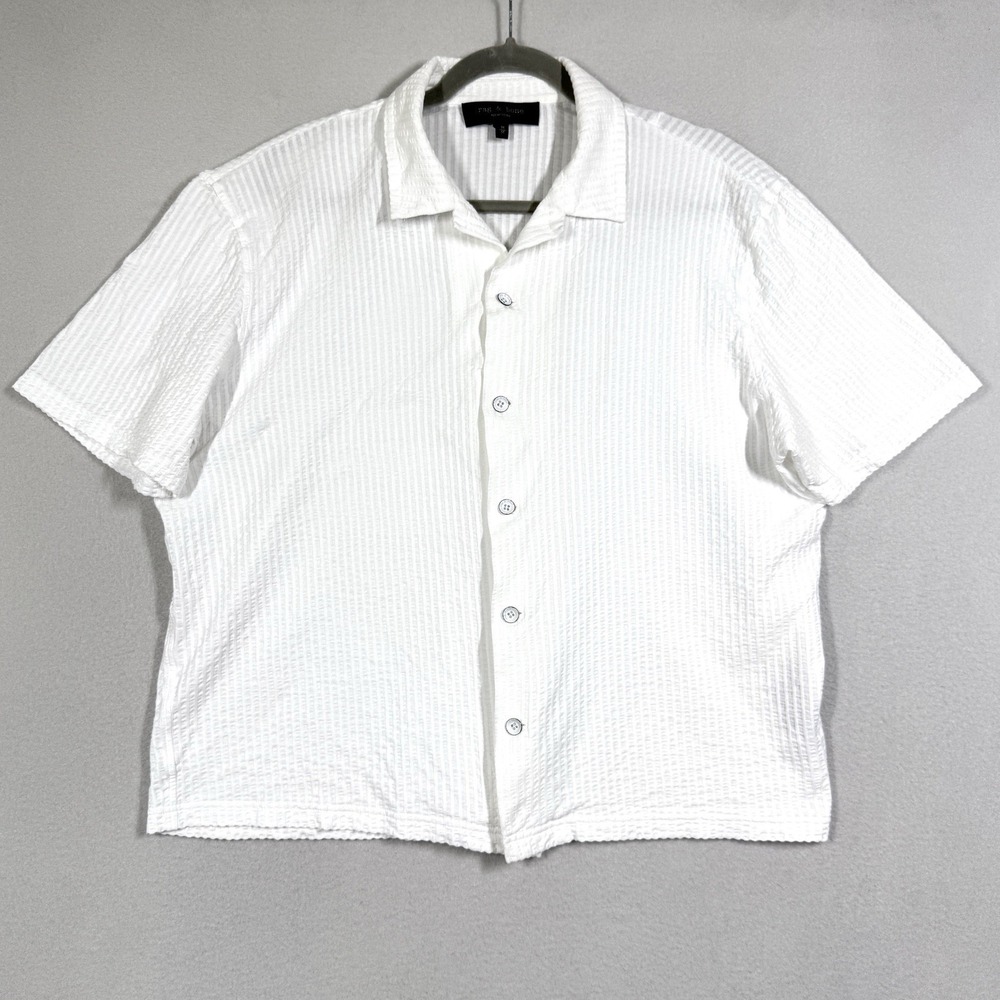Rag and Bone Shirt Mens Medium Avery Seersucker Camp Button Up Resort Boxy White